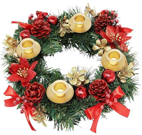 Adventskranz Künstlich, Tischkranz für Weihnachten, Weihnachtskranz mit Kerzenhalter, Adventskranz Teelichter, Weihnachtskranz Dekokranz mit 4 Kerzenhaltern Advent Weihnachten Deko Tisch (A-017)