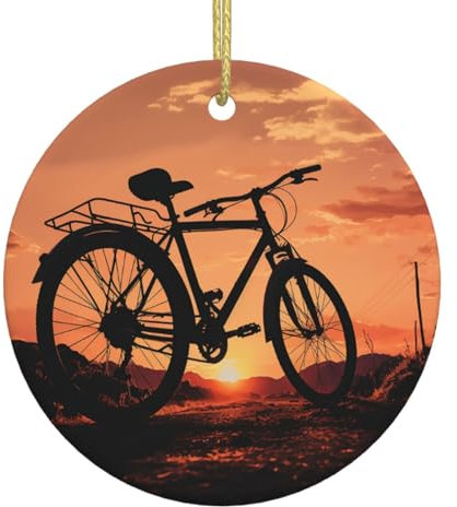 Rennrad Weihnachten Keramik Rund Anhänger - Weihnachtsbaumschmuck | Mit Goldschnur zum Aufhängen | Ferienhaus Dekoration (Durchmesser 7,3 cm)