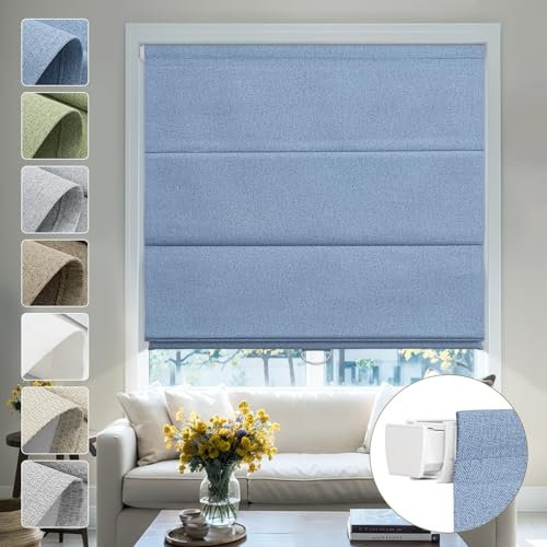 Moonice No Drill Roman Blinds for Windows Blackout Cordless Linen Roman Shades Elegant Fabric Shades for Indoor Windows,Thermal Insulated Tension Blinds for Bedroom Home (Blue,Custom Size)