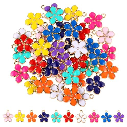 Thinp 40 Stück Emaille Blumen Anhänger,Bunte Blumen Themen Blumen Charms,Kleine Blumenanhänger,Kirschblüten Emaille Charm,Emaille Charms Anhänger,für DIY Halskette Ohrring Armband Schmuckherstellung