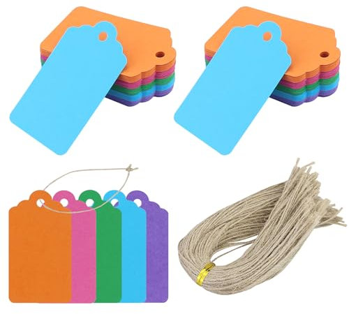 Geschenkanhänger Kraftpapier Anhänger Etiketten 7x4 cm, 150 Stück Tags und 150 Stück Juteschnur, für Basteln Weihnachts Hochzeits Geschenke (5 Farben)