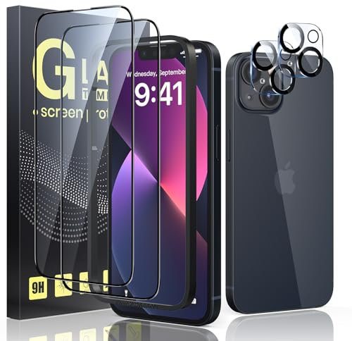 Guretok 2 + 2 pour verre blindé avec bord noir pour iPhone 13 avec protection de l'appareil photo 6,1 [avec cadre], film de protection d'écran 9H pour iPhone 13 [anti-bulles] [anti-rayures