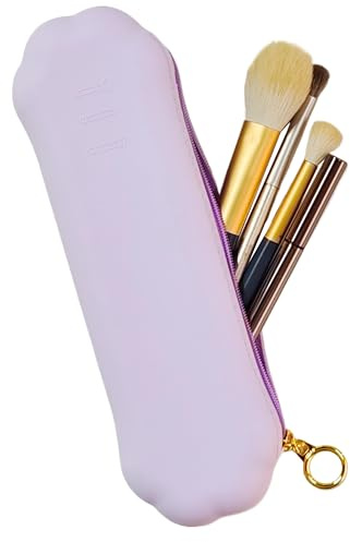 AWINNER Travel Makeup Brush Holder, Portable Silicone Make up Bag Organizer, Brushes Case with Anti-Fall Out Zipper Closure, Soft Cosmetic Pouch Travel Essentials, Purple, Modern