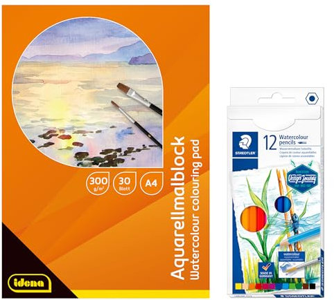 Idena 90343 - Aquarellmalblock A4 mit 30 Blatt, inkl. 12 STAEDTLER Aquarellstifte im klassischen Sechskantformat, wasservermalbare Buntstifte