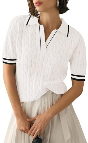 LACOZY Short Sleeve Sweaters for Women V Neck T-Shirts Spring Knit Polo Shirts Color Block Dressy Tops White 2XL