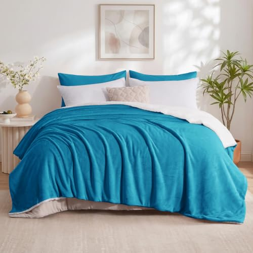 Aisbo Sherpa Fleece Throw Blanket Teal - Fluffy Thick King Size Blanket Extra Large Throw for Bed, Warm Soft Solid Microfiber Throws for Couch Sofa, 200x240cm