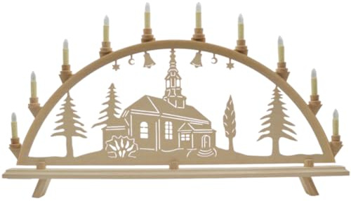 Erzwelt - Lichterbogen DBR83 – Schwibbogen aus Holz – Leuchtbogen mit 11 Kerzen – Original Erzgebirge Fensterbogen – handgemachte Weihnachtsdeko – Motiv Kirche – 80 x 48 x 5 cm