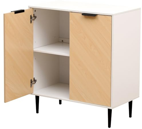 MMT Mid Century Sideboard, Accent Cabinet, 2 Door Cupboard on Legs with Adjustable Shelf, 28.3 Long, 32 Tall,Ideal Entryway Table & Pantry Cabinet (White/Oak doors) (White/Oak)