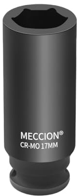 Meccion 3/8 Inch Drive Impact Socket 17mm Heavy Duty Cr-Mo 6 Point Deep Socket, 63mm Length