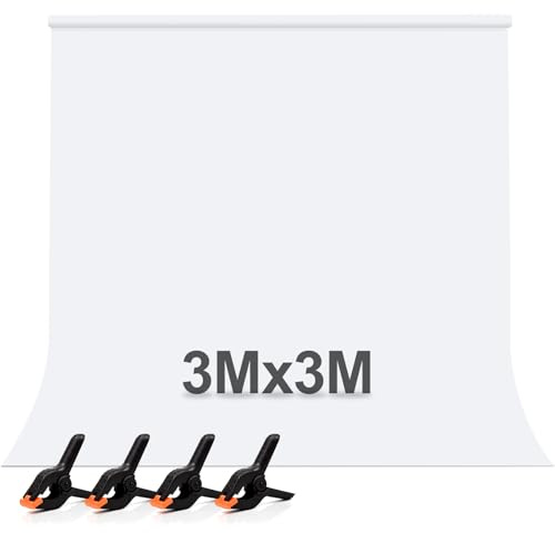 Wexoma Fondo Fotográfico Blanco, 3 × 3 M Fondos Fotográficos, Tela de Fondo de Color Sólido Engrosada y Densa, Fondo Blanco para Video con 4 Pinzas de Resorte para Fotografía de Estudio