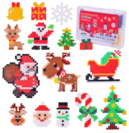 CWED Bügelperlen Weihnachten| 15 Muster | mit Steckplatte | Zubehör | 12 Farben | 5mm |Kreatives Bastelvergnügen, ideal zum Sammeln und Verschenken.