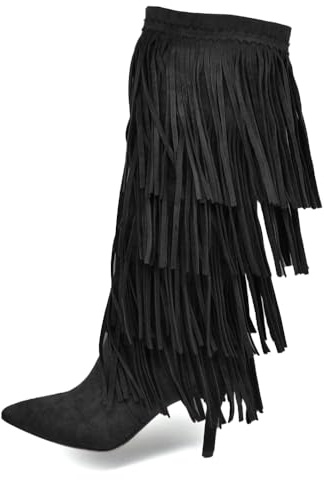 IF Stivali alti con 3 strati di frange in stile western a punta e tacco a spillo camoscio sintetico GA049 Nero N.38