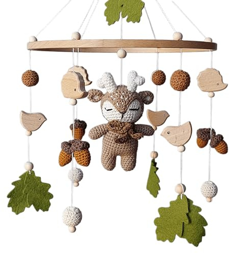 Gehäkeltes Baby Mobile mit Reh – Wald Babyzimmer Mobile mit Holzperlen, Filzblättern & Eicheln – Natur Deko fürs Kinderzimmer – Wald-Thema Geschenk zur Geburt