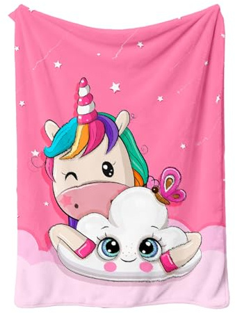 FEELJAM Einhorn Decke kuscheldecke pinkes, Flanell Weich Fleecedecke f¡§1r M?dchen, Flannel Fleece Blanket, Kinder kuscheldecke, Sofadecke, Wohndecke, mikrofaser Couchdecke (Rosa Wolken, 130 * 150)