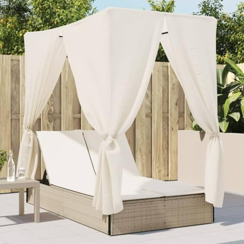HEFZGDB Doppel-Sonnenliege mit Dach und Vorhängen Beige Poly Rattan, Gartenmöbel mit Verstellbarer Rückenlehne und abnehmbaren Kissen, wetterbeständige PE-Rattan Konstruktion