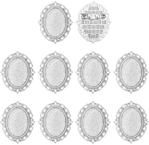 QUARKZMAN 10 Stück Schmucksteine Brosche 25x18mm Legierung Fassungen Ovale Nadeln Vintage Fassung Brosche Nadeln Für DIY Schmuckherstellung Anhänger Foto Basteln Spitzenstil Silber