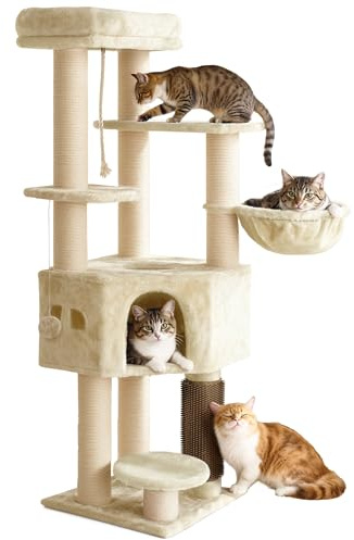 YITAHOME Large Cats Tree Tower, Cat Tree, Cat Brushes, 11 cm Thick Posts, Large Platforms, Plush Cushion, Cave, 50 x 50 x 159 cm, Beige