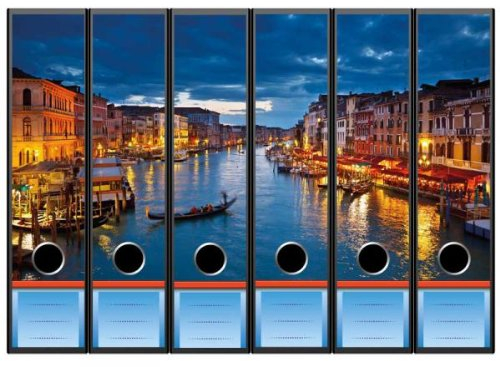 6 Ordnerrücken Motiv-Aufkleber VENEDIG - Format 65 x 300 mm - passend für 6 breite Standard Din-A4-Ordner mit 7,5 oder 8,0 cm Rückenbreite