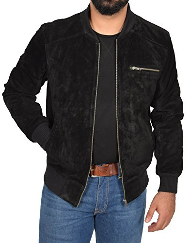 A1 FASHION GOODS Mens Genuine BLACK Suede Bomber Jacket Sports Varsity Baseball Casual Coat Roco