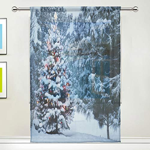 BIGJOKE Fenstervorhang mit schneebedecktem Weihnachtsbaum, für Küche, Wohnzimmer, Schlafzimmer, Büro, Voile, 1 Stück