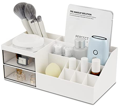 NWK Makeup Organiser Large Cosmetic Brush Holder Display Storage Box Bag Bathroom Dresser Desk Office Storage Organizer with 2 Drawers and 11 Compartments(with drawers, White)…
