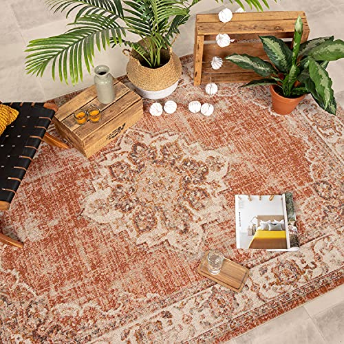 FRAAI | Home & Living Teppich Vintage - Spring Medaillon Terracotta Creme - Polypropylen - Kurzflor - Vintage - Boho, Orientalisch - Wohnzimmer, Esszimmer, Schlafzimmer - Carpet