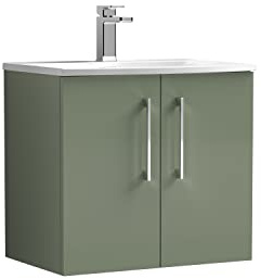 nuie ARN823G Arno Modern Bathroom Wall Hung 2 Door Vanity Unit with Curved Ceramic Basin, 600mm, Satin Green