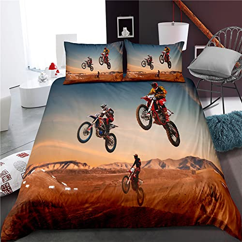 XPINGO Kinder Bettwäsche Motocross 135x200 cm 2teilig Jungen 100% Mikrofaser Sommer Weiche Winter Warm Bettbezüge mit Reißverschluss 3D Motorrad Bettbezug mit Kissenbezüge 80x80 cm