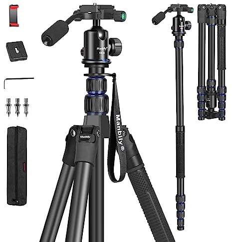 Camera Tripod Manbily 74 Aluminum Travel Tripod Monopod Stand Lightweight Compact for DSLR Camera Phone Camcorder Video, 360° Ball Head with Handle, 1/4 QR Plate, Payload 17.6lbs, Canon Nikon Sony