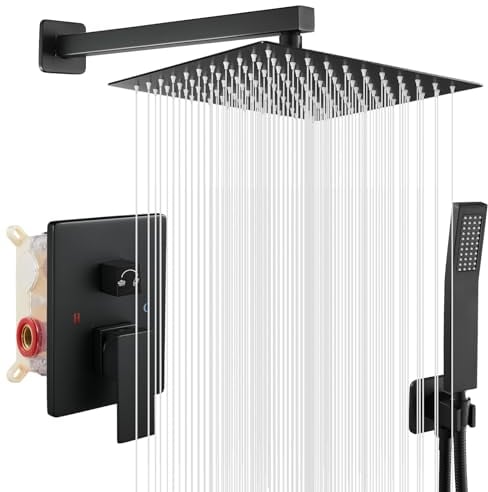 ROVOGO Black Shower System Concealed with 25 x 25 cm Overhead Rainfall Shower Head and Handheld Shower, Brass Shower Mixer Tap Set Wall Mounted, Stainless Steel Twin Head Shower System for Bathroom