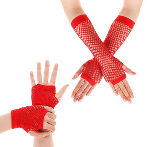 Yolev 2 Paar Netzhandschuhe Rot Damen Fingerlose Handschuhe Lang Kurz Netzhandschuhe 80er-Jahre Retro Party Disco Maskerade Kostüm Zubehör