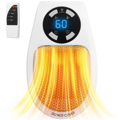 Rainberg 400W Ceramic Plug Heater, Remote Wall Outlet Space Heater, Adjustable thermostat, 12 Hour Timer and LED Display, 2 Fan Speeds, 15-32C Temperature Control, Auto Shut Off