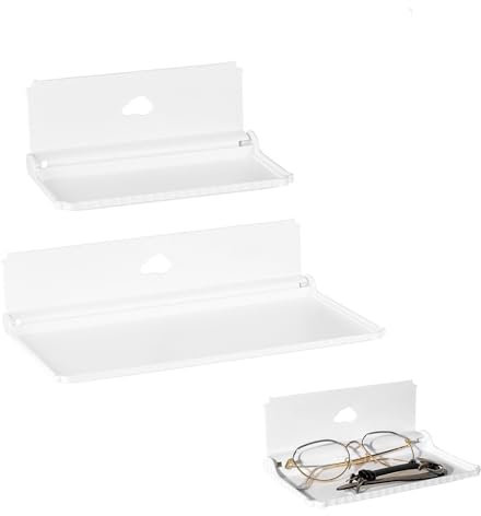 Etagere sans Percage Etagere sans Percer Étagère Flottante en Acrylique sans perçage (2 pièces) pour Salle de Bain/séjour/Chambre à Coucher/Cuisine/Bureau avec Partie Murale Extensible (Blanc)
