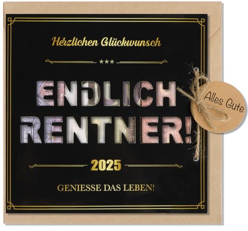 BETESSIN Geldgeschenke Verpackung Rente - Endlich Rentner Geschenk Mann - Ruhestand Karte mit Umschlag - Abschiedsgeschenk Kollegen Rente - Ruhestand Geschenke für Männer