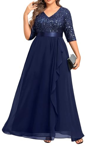 Talisea Formelle Kleider in Übergröße – V-Ausschnitt, 3/4-Ärmel, Pailletten-Abendkleider, Abschlussball, Gala, Hochzeit, Gäste, Chiffon, langes Maxikleid