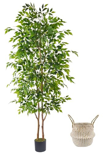Warmplants 8ft Artificial Ficus Tree, 96” Realistic Ficus Leaves Large Fake Plant with Basket, Indoor Outdoor Potted Faux Tree for Home Garden Office House Livingroom Décor