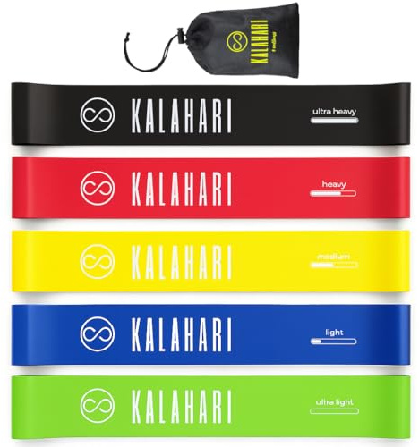 Kalahari Fitnessbänder 5er Set mit e-Book Übungen auf Deutsch und Tragebeutel – Fitnessband, Gummiband, Gymnastikband, Widerstandsbänder Fitness Loop Band für Muskelaufbau, Yoga, Pilates, Stretching