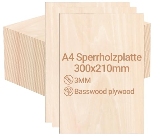 Eikuavons Sperrholzplatte 3mm 300x210mm 16 Stück Linde holzplatte Zuschnitt Nach Bastelhölzer Holz für Modellbau Laserschnit Laser Gravur Holz Brennen Malerei DIY Ölmalerei