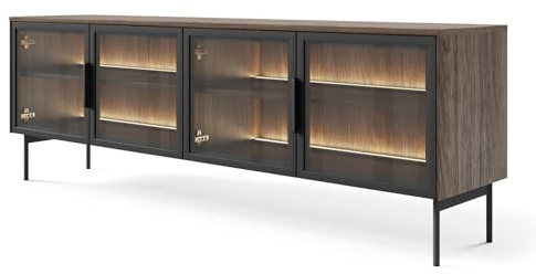 Selsey TV Lowboard 181 x 39,3 cm Wohnzimmer Moderne Eleganz in Dunin Eiche mit LED Beleuchtung Stylische Glasfronten Robustes Lowboard, Geeignet als TV Unterschrank Holzdekor, Schwarze Metallfüße