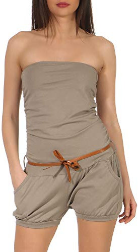 malito - Damen Jumpsuit - Einteiler mit Gürtel & Taschen - Bandeau Sommer Overall - kurzer trägerloser Playsuit - unifarbener Romper 8964 (Braun)