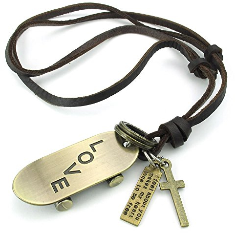KONOV Herren Damen Love Skateboard Kreuz Anhänger Leder Halskette Kette, braun gold