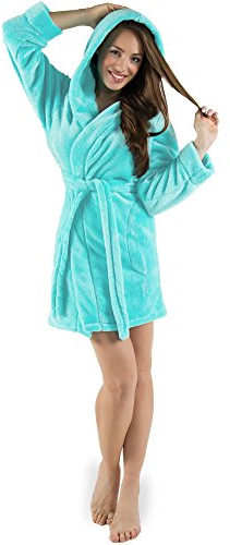 CelinaTex XS-XXXL Bademantel Kapuze Uni kurz seitliche Eingrifftaschen Damen Sherpa Kuschelfleece Morgenmantel, Sauna, Spa, Pool, Bad, flauschig und komfortabel - OEKO-TEX Korfu