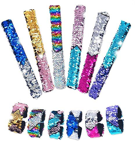 TOYMYTOY 12 Stücke Pailletten Slap Armbänder Doppel Farben Party Handschlaufe für Kinder Party Favors 01-12 Stil