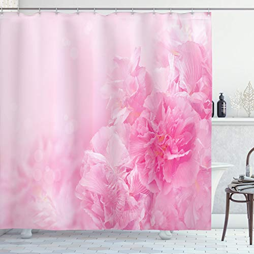 ABAKUHAUS Blassrosa Duschvorhang, Frühling Flora Shabby, Stoffliches Gewebe Badezimmerdekorationsset mit Haken, 175 x 180 cm, Baby Pink
