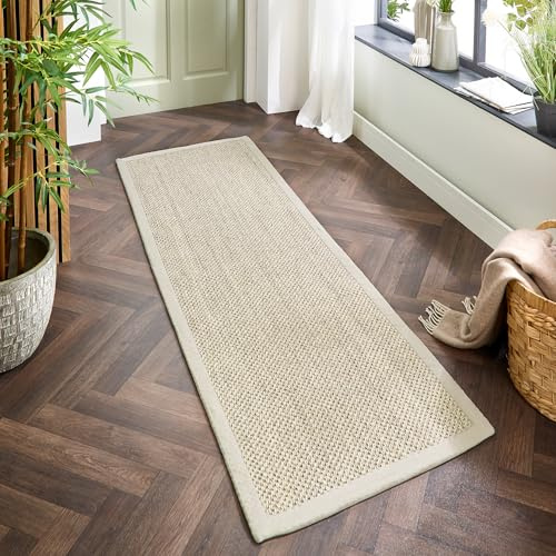 Lord of Rugs Sisal-Teppich mit handgenähter Bordüre, rutschfest, langlebig, natürlich, modern, Bordüre, für Wohnzimmer, Flur, Flachgewebe, Hellbeige/Sandbordüre, Läufer 67 x 200 cm
