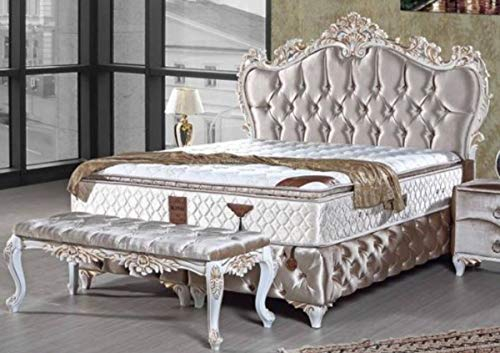 Casa Padrino Barock Doppelbett Silber/Weiß/Gold - Samt Bett mit Glitzersteinen und Matratze - Schlafzimmer Möbel im Barockstil