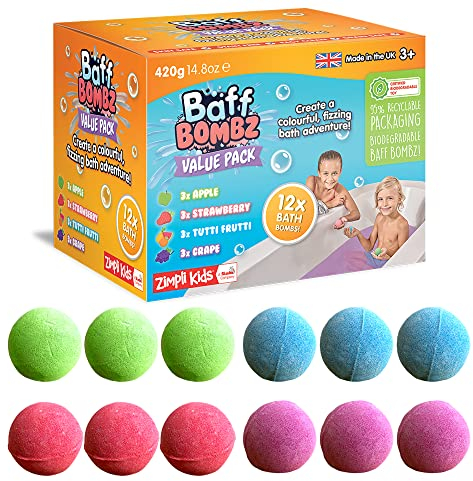 12 x Badekugeln von Zimpli Kids, feuchtigkeitsspendendes Spa-Badekugeln, Geschenkset, Geburtstagsgeschenk für Kinder, Partytütenfüller Gastgeschenke, Belohnungen, Bio- und Veganfreundlich