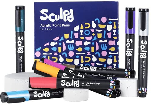 Sculpd Ensemble de stylos de peinture à l’acrylique, pointes fines en métal pour peindre poterie, bois, carton, papier, verre et nombreuses autres surfaces, 8 couleurs vives pour loisirs créatifs