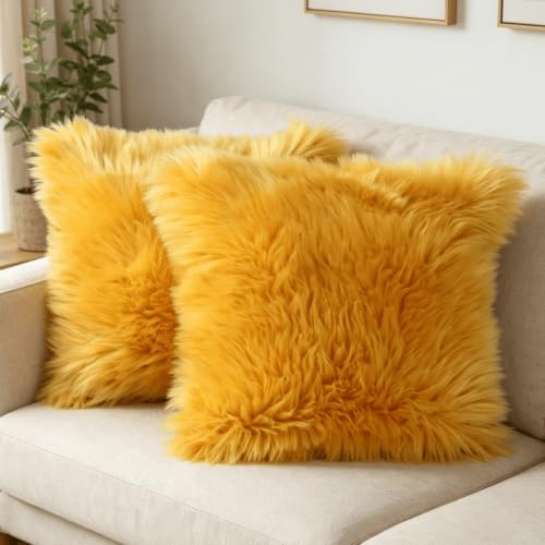 OYIMUA 2 Pcs Weicher Zierkissenbezüge Deko Kissen Schaffell Lammfell Kunstfell Langhaar Zierkissen Kissenbezug Fellimitat Sofakissen Cuddly Kissen (Gelb, 60 x 60 cm)