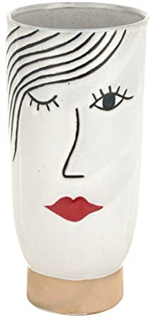Baroni Home Vaso in Ceramica di Design con Volto, Soprammobile Moderno Dipinto a Mano, Vaso per piante, orchidee, pampas, da Interno o Esterno 14x14x28 cm - Cilindrico Alto